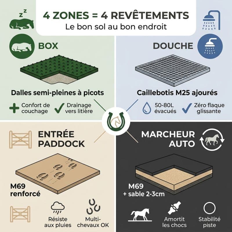 Box, paddock, douche ou marcheur : à chaque zone son revêtement