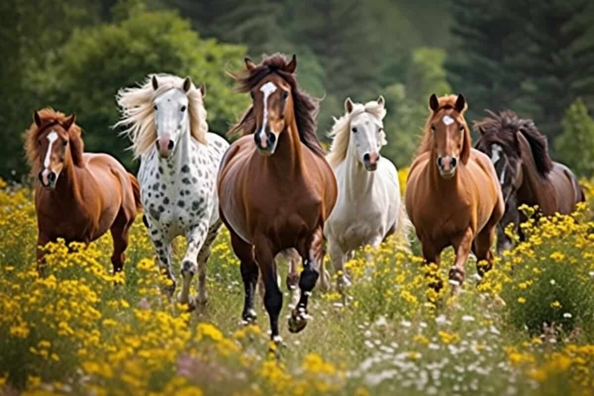 Des chevaux qui courent dans un champ de fleurs et d'arbres