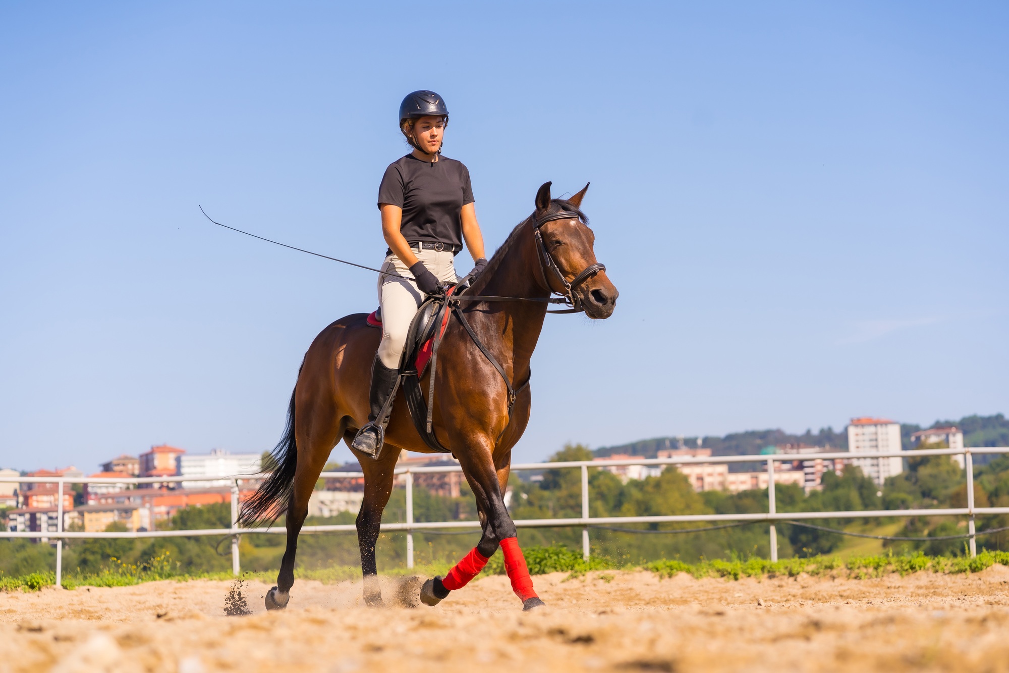 Jeune fille caucasienne à cheval avec un cheval brun, vêtue d'un cavalier noir